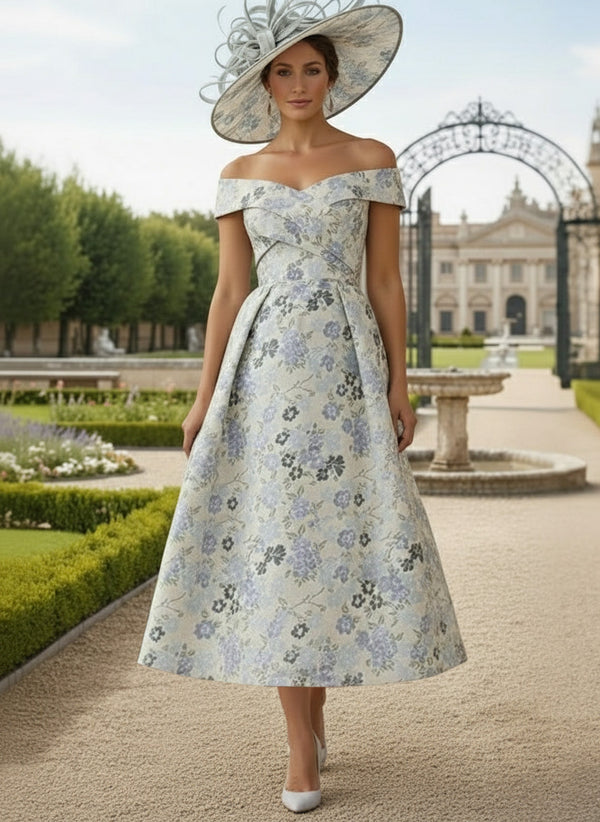 A-Line/Princess Tea-Length Off-the-Shoulder Printed Satin Mother of the Bride Dresses Sleeveless Floral