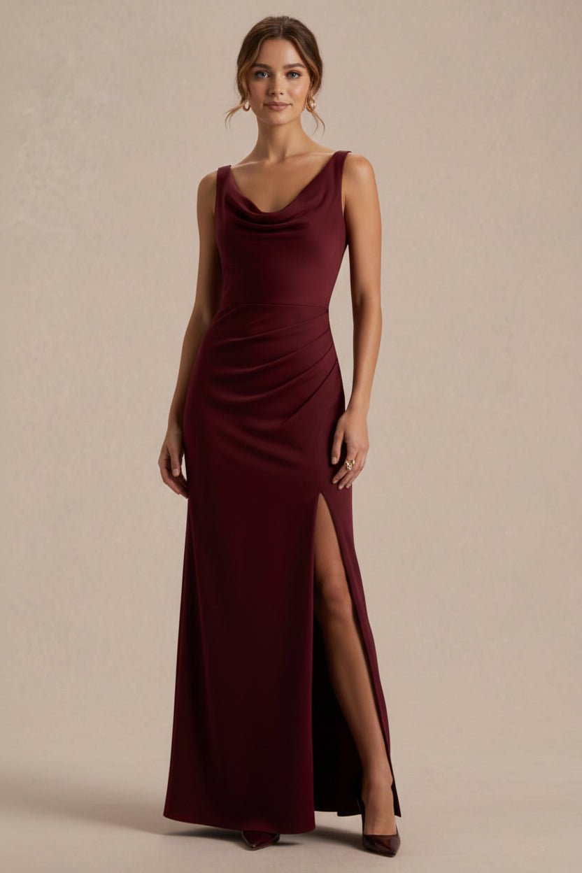 Trumpet/Mermaid Cowl Neck Chiffon Wedding Guest Dresses Side Slit Ankle-Length Sleeveless