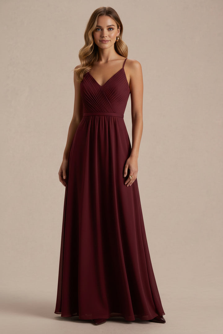 A-Line/Princess Spaghetti Straps Chiffon Wedding Guest Dresses Pleats Ankle-Length Sleeveless