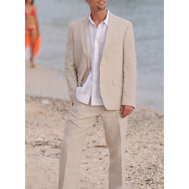 Men's Tailored Fit Single Breasted Two-buttons 2 Pieces Solid Coloured Linen Suits