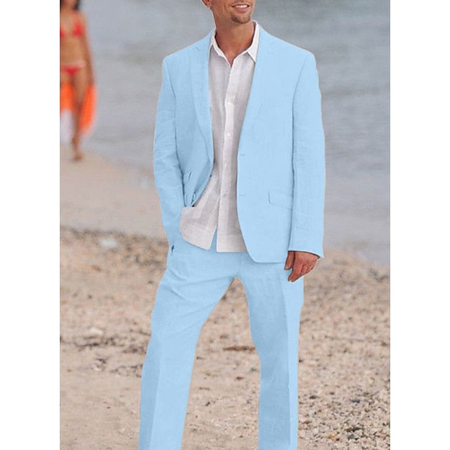 Men's Tailored Fit Single Breasted Two-buttons 2 Pieces Solid Coloured Linen Suits