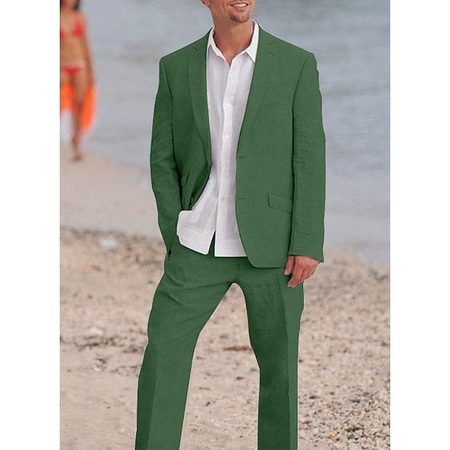 Men's Tailored Fit Single Breasted Two-buttons 2 Pieces Solid Coloured Linen Suits