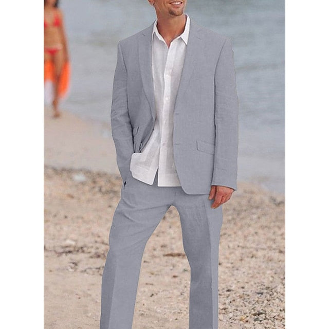 Men's Tailored Fit Single Breasted Two-buttons 2 Pieces Solid Coloured Linen Suits