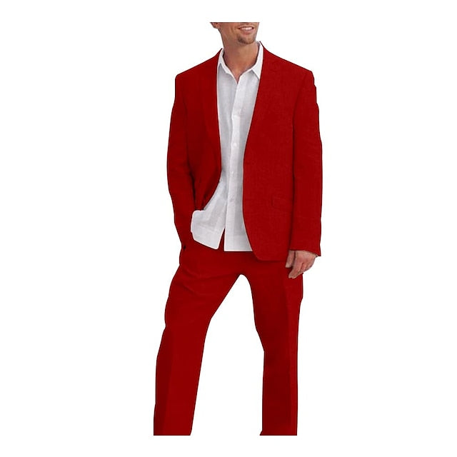 Men's Tailored Fit Single Breasted Two-buttons 2 Pieces Solid Coloured Linen Suits