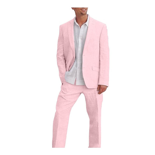 Men's Tailored Fit Single Breasted Two-buttons 2 Pieces Solid Coloured Linen Suits