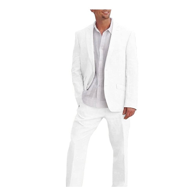 Men's Tailored Fit Single Breasted Two-buttons 2 Pieces Solid Coloured Linen Suits