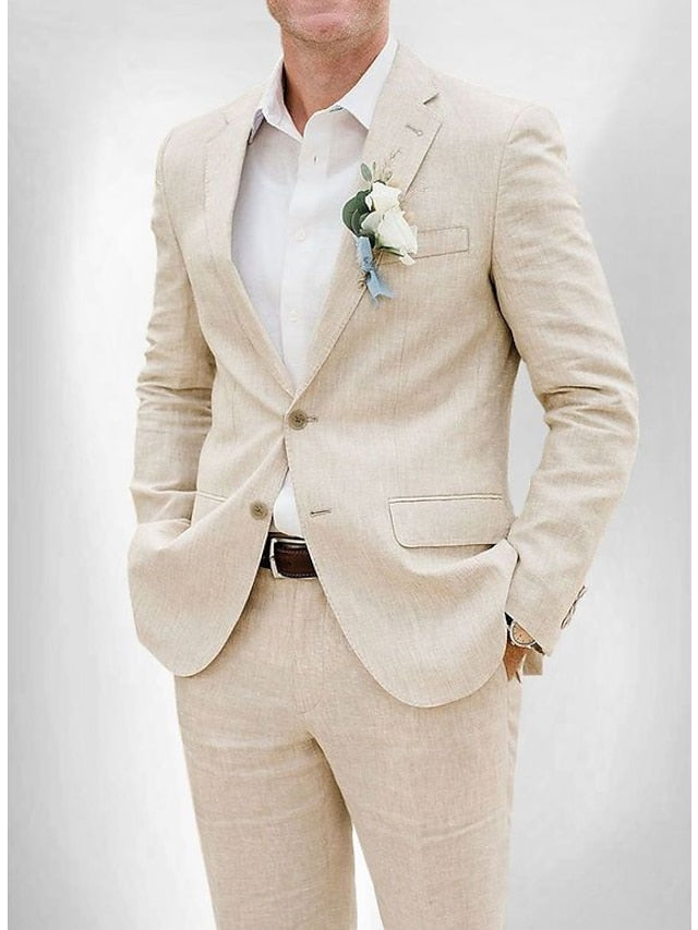 Men's Tailored Fit Single Breasted Two-buttons 2 Pieces Solid Coloured Linen Suits