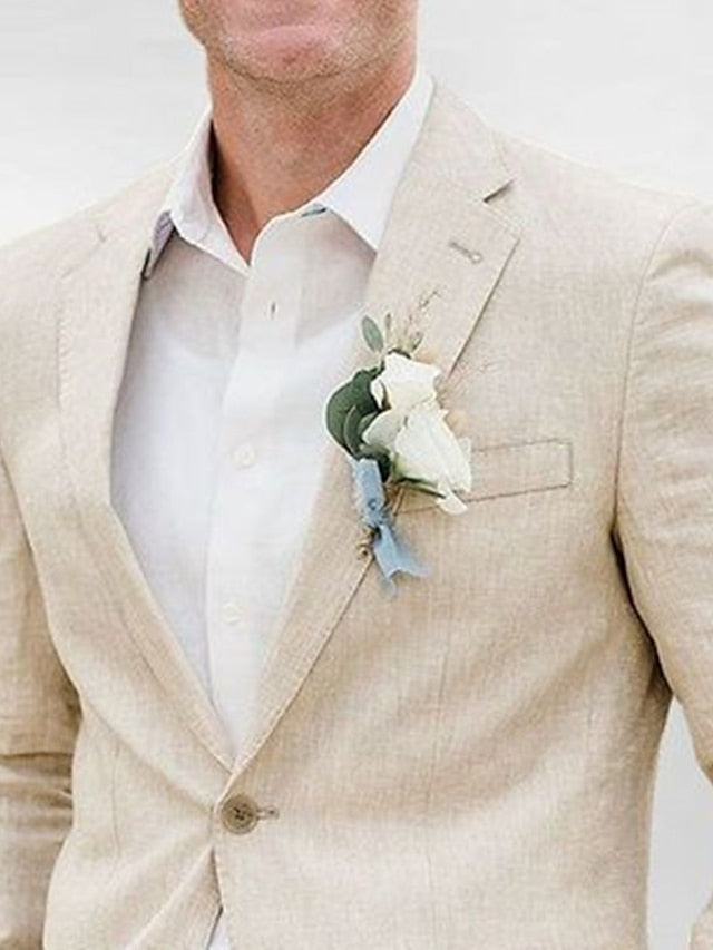Men's Tailored Fit Single Breasted Two-buttons 2 Pieces Solid Coloured Linen Suits