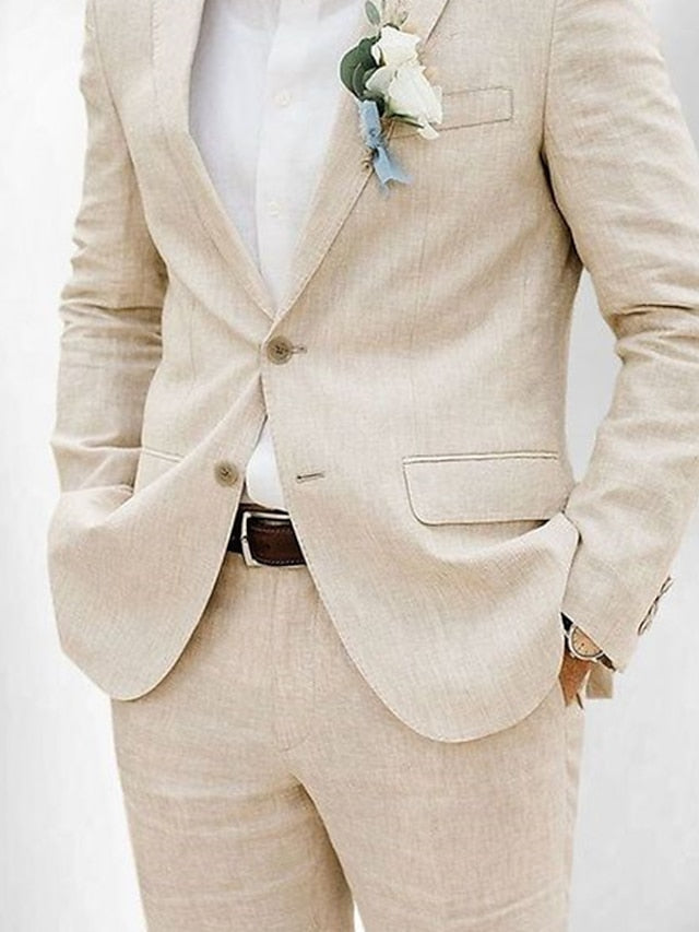 Men's Tailored Fit Single Breasted Two-buttons 2 Pieces Solid Coloured Linen Suits