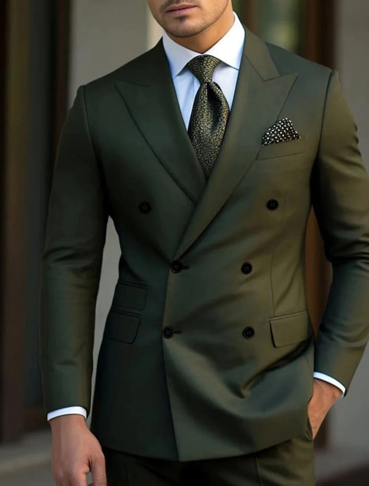 Green Men's Tailored Fit Double Breasted Six-buttons 2 Pieces Solid Coloured Wedding Suits