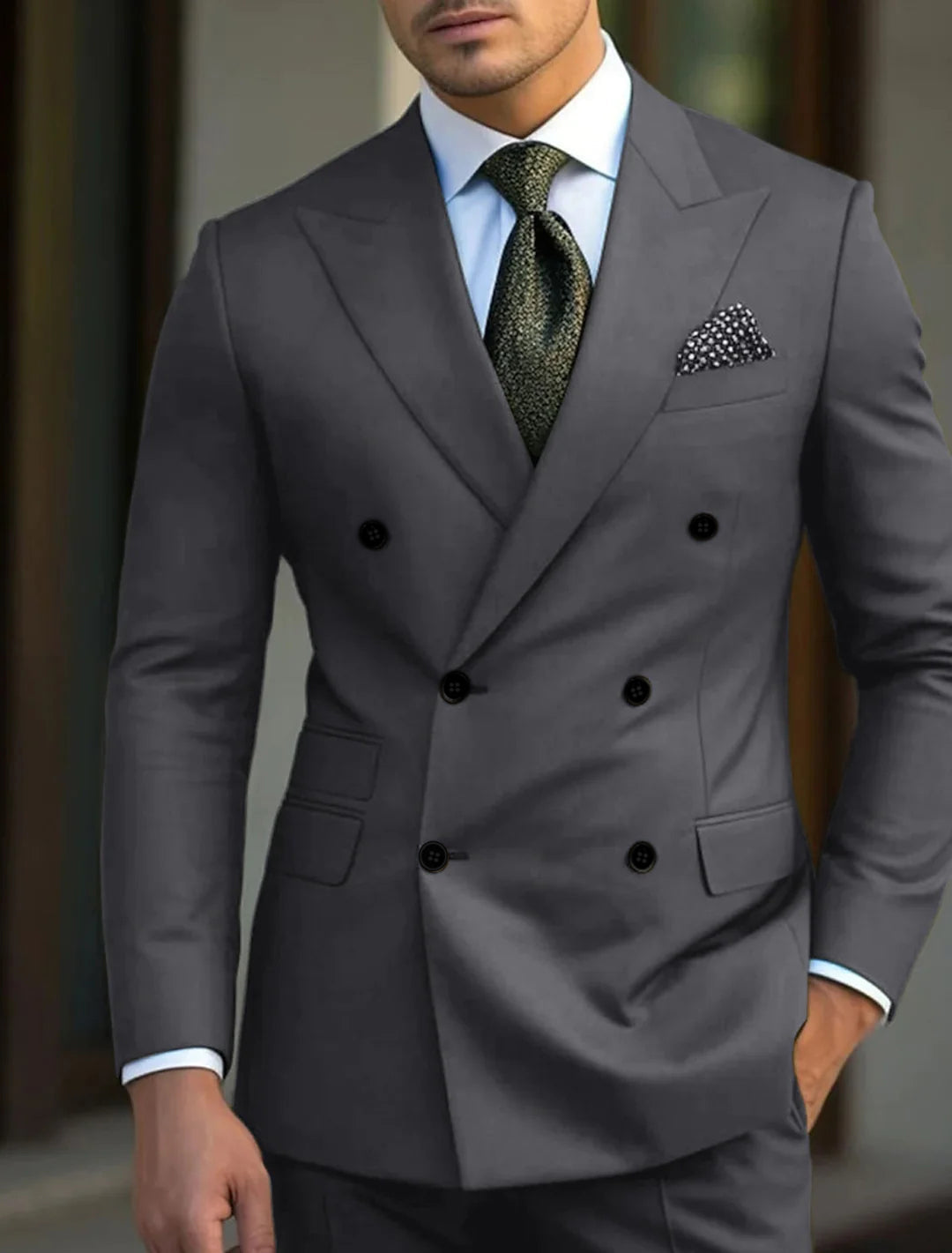 Green Men's Tailored Fit Double Breasted Six-buttons 2 Pieces Solid Coloured Wedding Suits