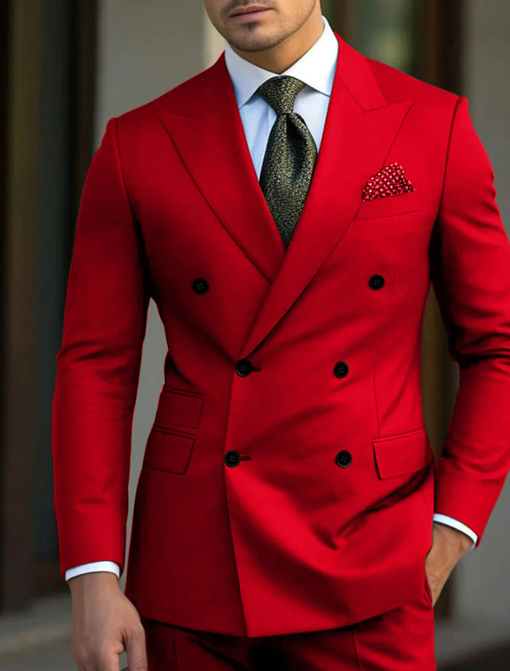 Green Men's Tailored Fit Double Breasted Six-buttons 2 Pieces Solid Coloured Wedding Suits
