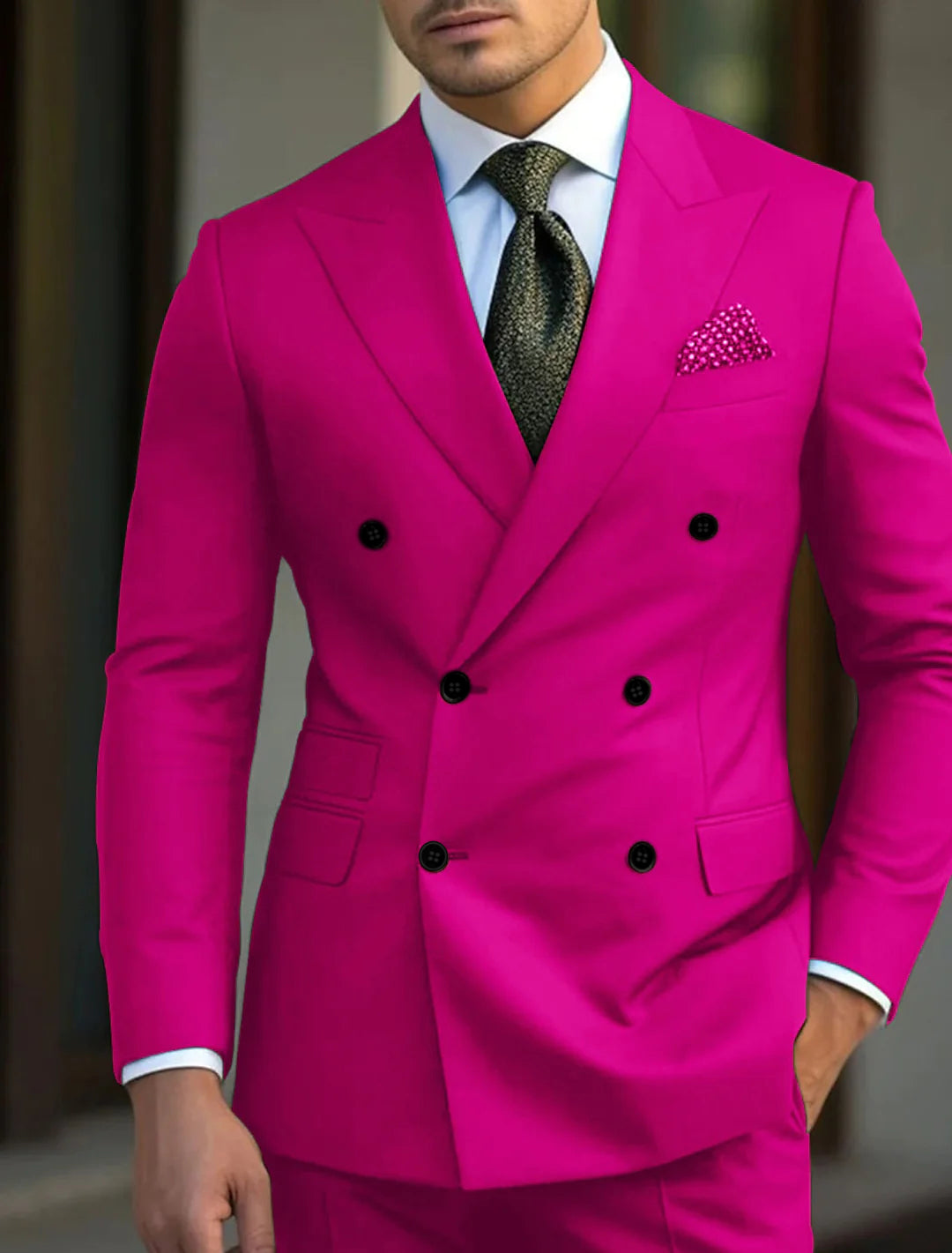 Green Men's Tailored Fit Double Breasted Six-buttons 2 Pieces Solid Coloured Wedding Suits