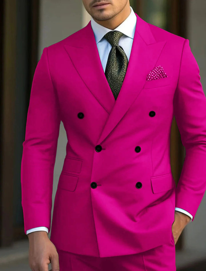 Green Men's Tailored Fit Double Breasted Six-buttons 2 Pieces Solid Coloured Wedding Suits