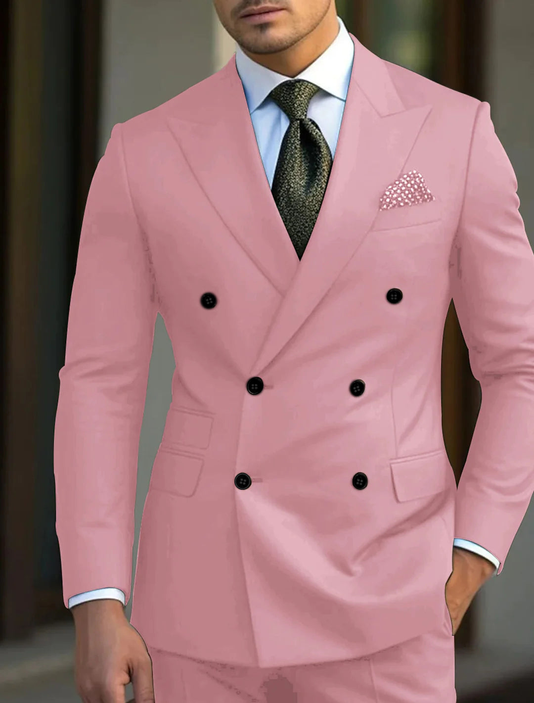 Green Men's Tailored Fit Double Breasted Six-buttons 2 Pieces Solid Coloured Wedding Suits