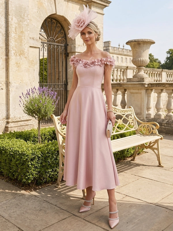 A-Line/Princess Off-the-Shoulder Stretch Satin Mother of the Bride Dresses Tea-Length Sleeveless WIth 3D Flowers