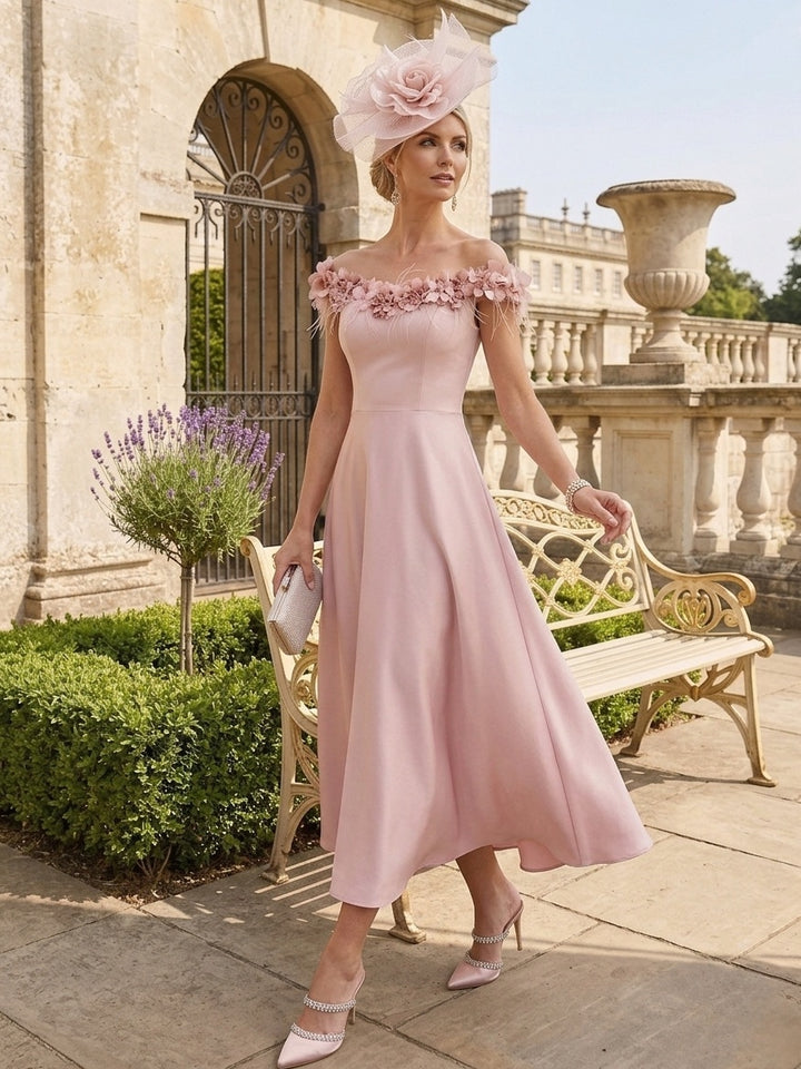 A-Line/Princess Off-the-Shoulder Stretch Satin Mother of the Bride Dresses Tea-Length Sleeveless WIth 3D Flowers