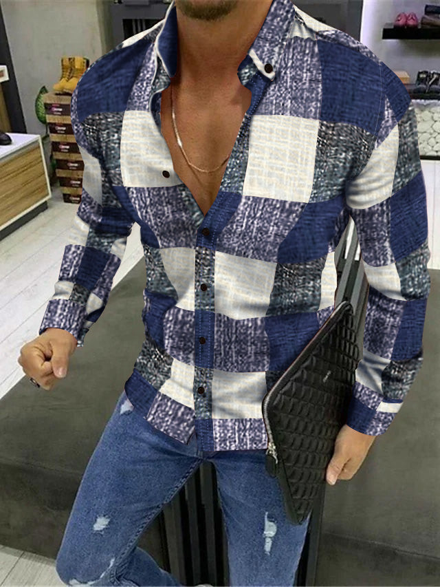 Men's Casual Cotton Blend Long Sleeves Plaid Colour Block Shirt