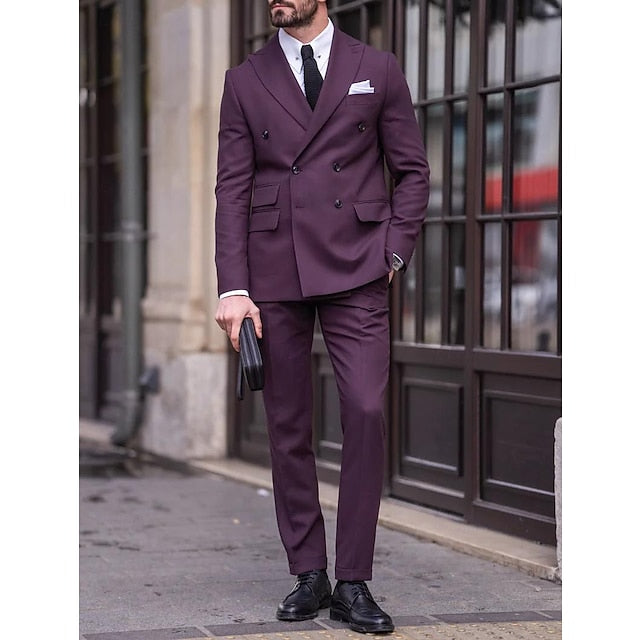Men's Tailored Fit Double Breasted Six-buttons 2 Pieces Solid Coloured Wedding Suits
