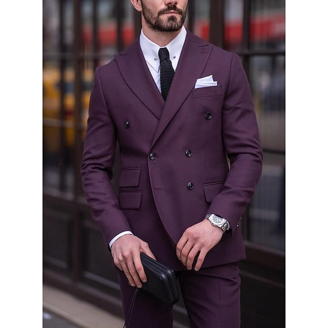 Men's Tailored Fit Double Breasted Six-buttons 2 Pieces Solid Coloured Wedding Suits