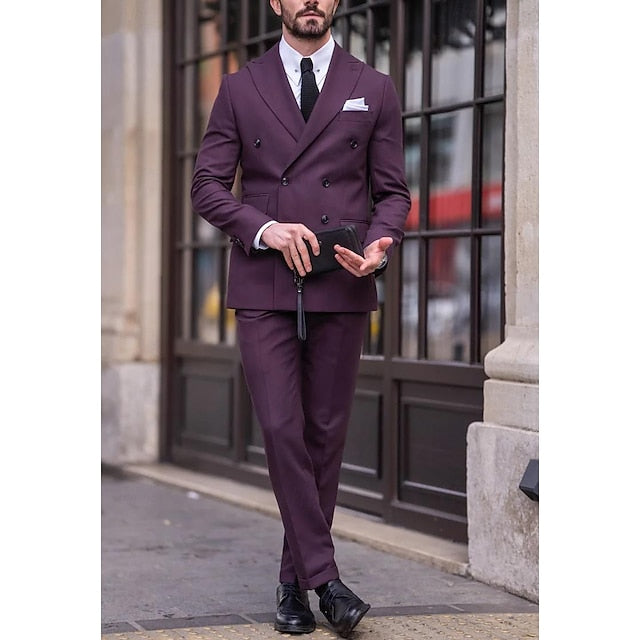 Men's Tailored Fit Double Breasted Six-buttons 2 Pieces Solid Coloured Wedding Suits
