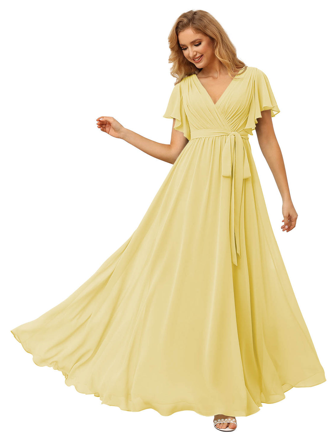 A-Line/Princess V-neck Short Sleeves Floor-Length Bridesmaid Dress with Ruffles