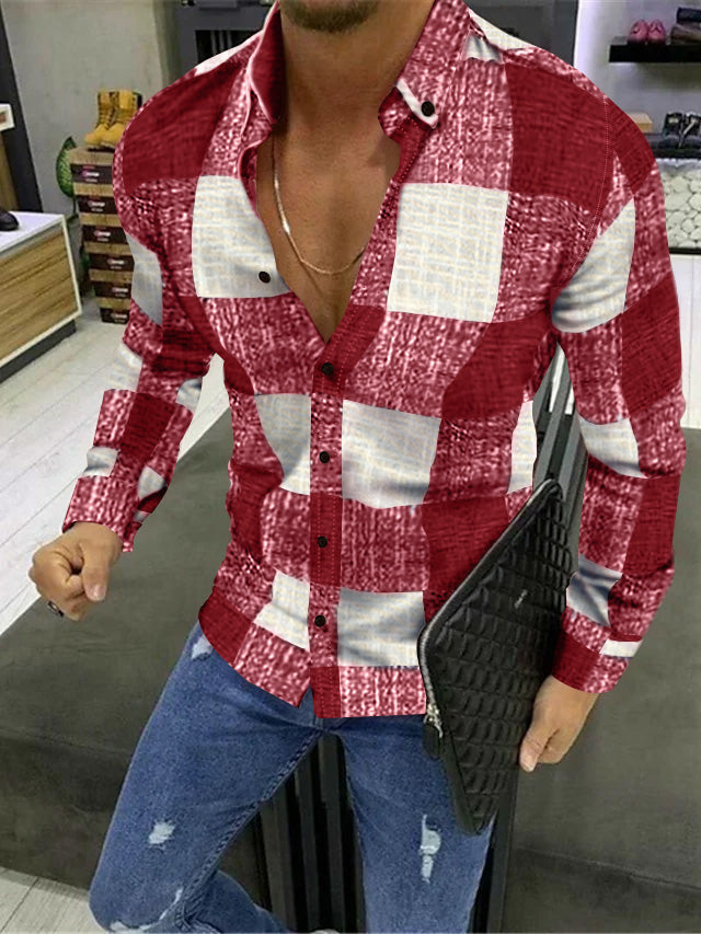 Men's Casual Cotton Blend Long Sleeves Plaid Colour Block Shirt