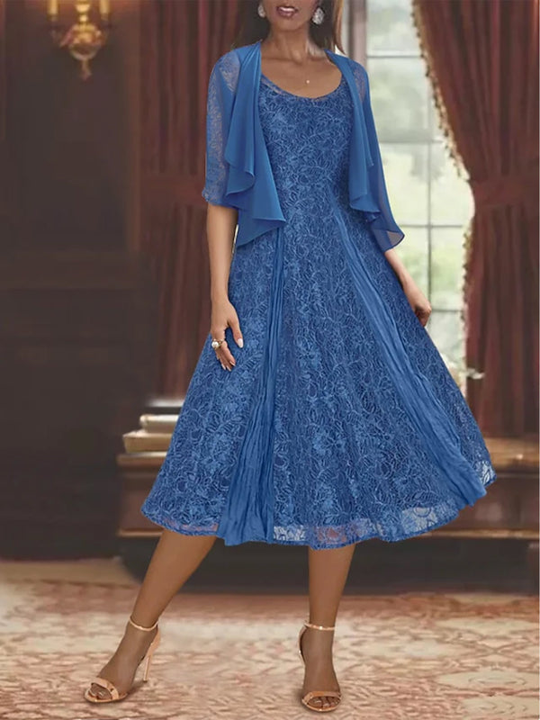 A-Line/Princess Scoop Half Sleeves Tea-Length Mother of the Bride Dresses with Appliques & Wrap