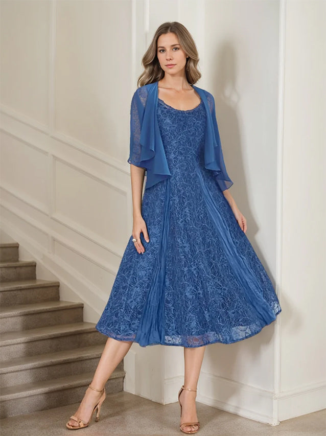 A-Line/Princess Scoop Half Sleeves Tea-Length Mother of the Bride Dresses with Appliques & Jacket
