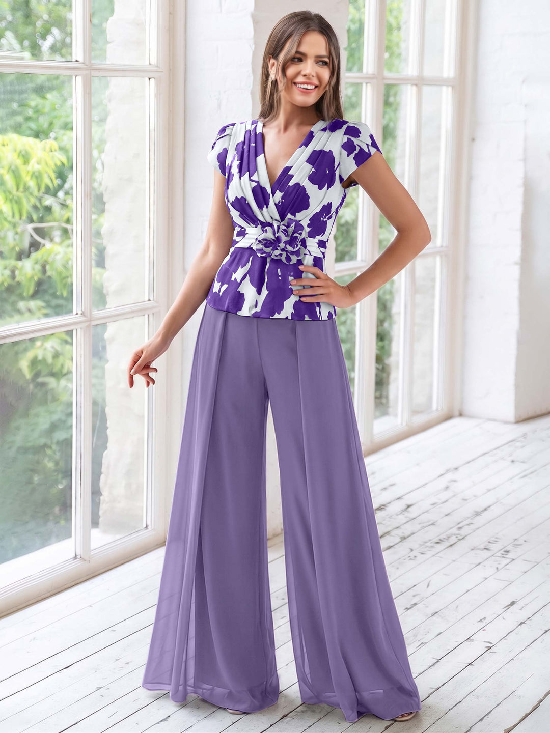 A-Line/Princess V-Neck Short Sleeves Floor-Length Mother of the Bride Floral Pants Suit
