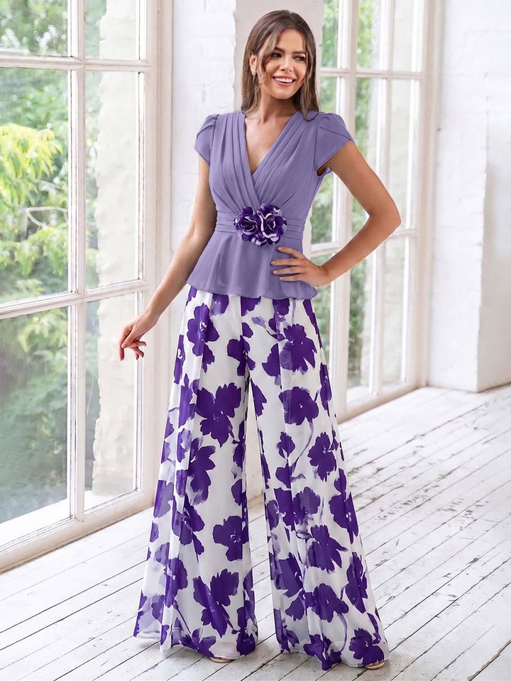 A-Line/Princess V-Neck Short Sleeves Floor-Length Mother of the Bride Floral Jumpsuit