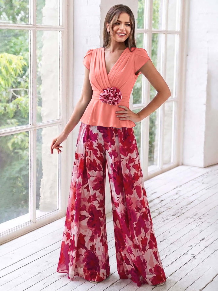 A-Line/Princess V-Neck Short Sleeves Floor-Length Mother of the Bride Floral Jumpsuit