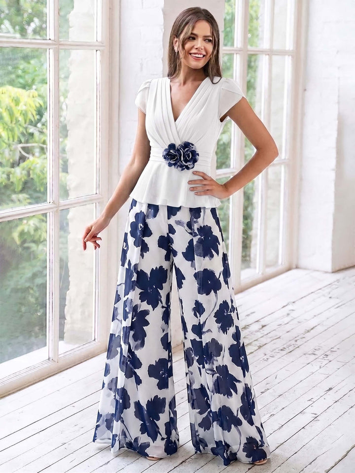 A-Line/Princess V-Neck Short Sleeves Floor-Length Mother of the Bride Floral Jumpsuit