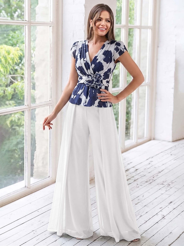 A-Line/Princess V-Neck Short Sleeves Floor-Length Mother of the Bride Floral Pants Suit