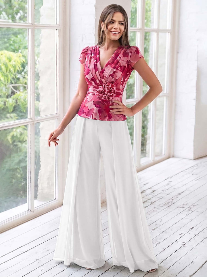 A-Line/Princess V-Neck Short Sleeves Floor-Length Mother of the Bride Floral Pants Suit