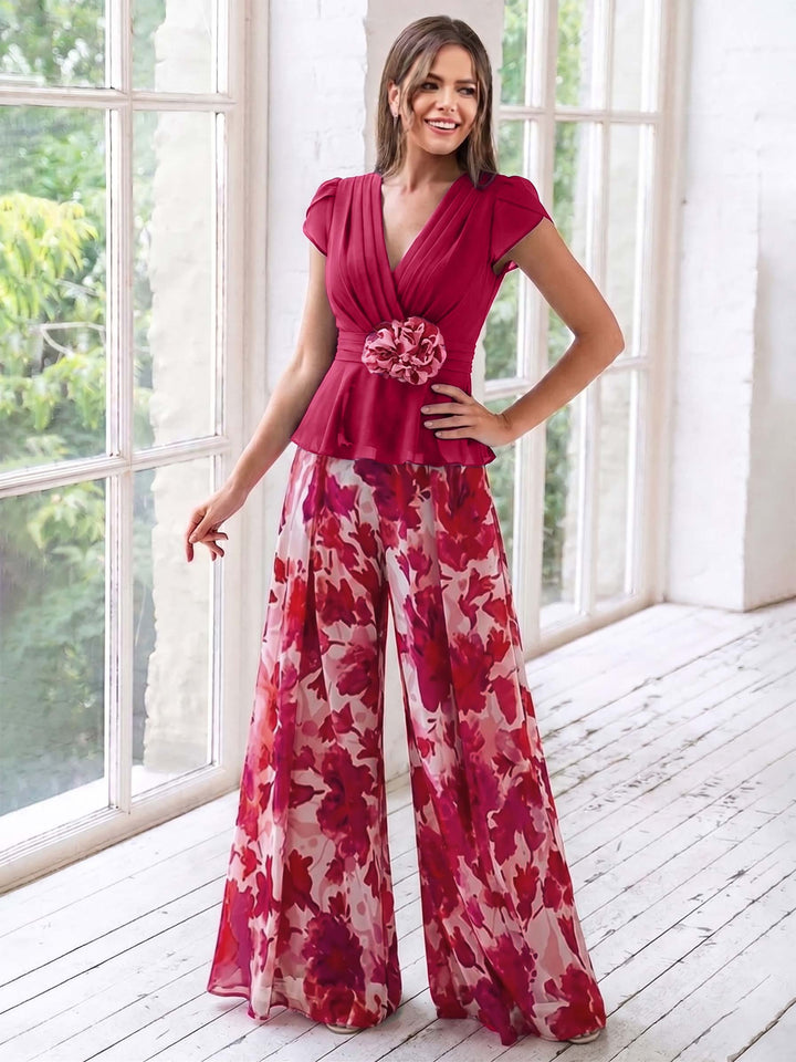 A-Line/Princess V-Neck Short Sleeves Floor-Length Mother of the Bride Floral Jumpsuit