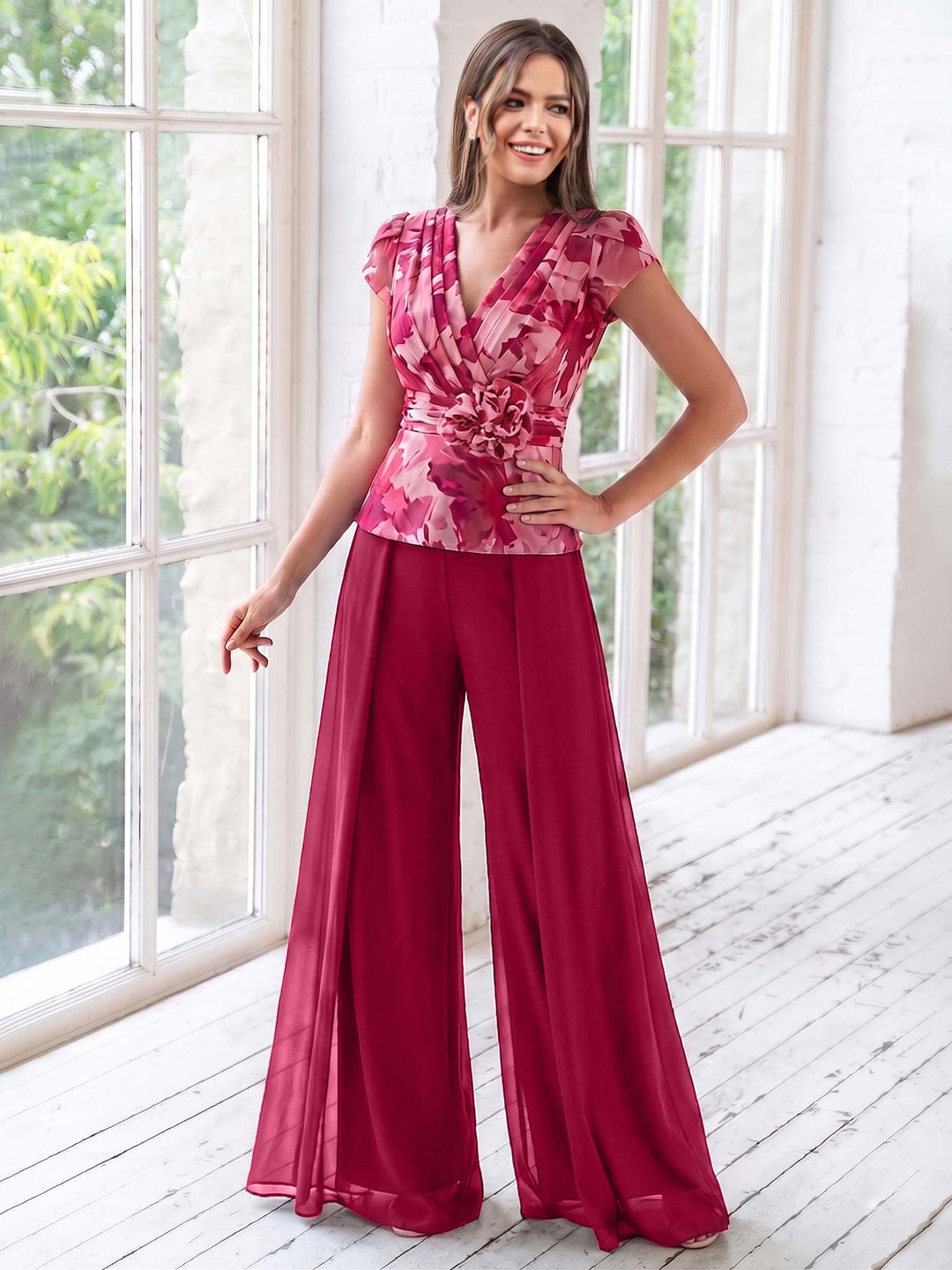A-Line/Princess V-Neck Short Sleeves Floor-Length Mother of the Bride Floral Pants Suit