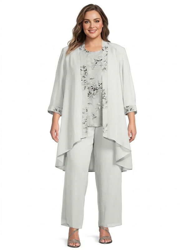 Chiffon Round Neck Floor-Length Plus Size Mother of the Bride Pantsuits with Jacket