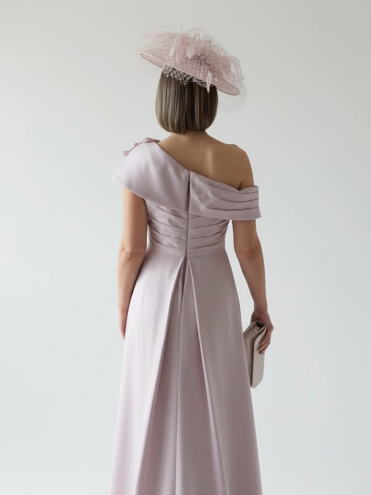 Sheath/Column Off-the-Shoulder Pleated Tea-Length Mother of the Bride Dresses with 3D Flower