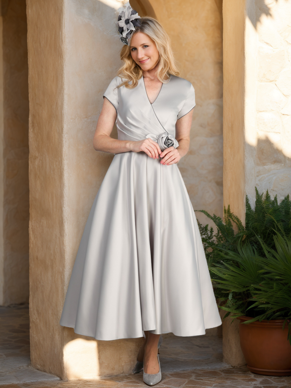A-Line/Princess V-Neck Ankle-Length Elegant Mother of the Bride Dresses with 3D Flowers