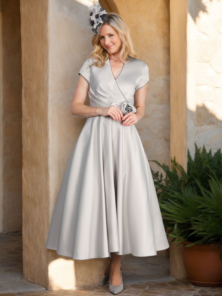 A-Line/Princess V-Neck Ankle-Length Elegant Mother of the Bride Dresses with 3D Flowers