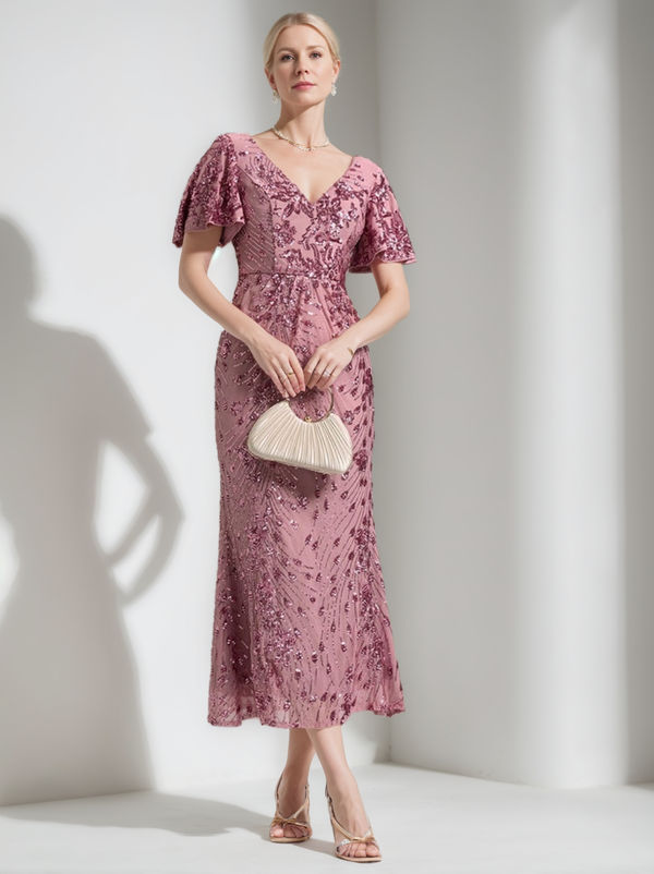 A-Line/Princess Short Sleeves Tea-Length Mother of the Bride Dresses with Sequins