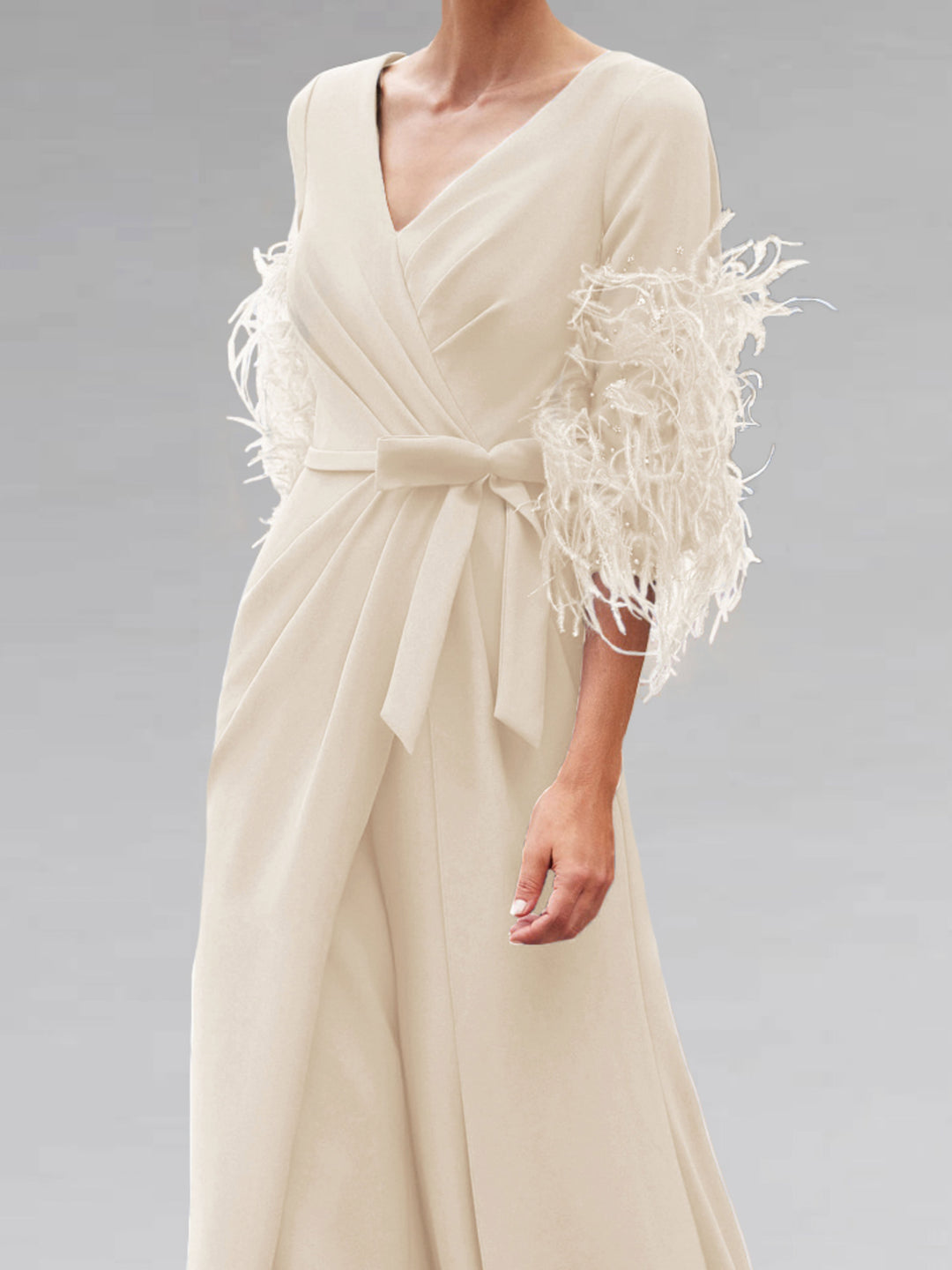 V-Neck Feathers Sleeves Ankle-Length Mother Of The Bride Pantsuits with Bowknot