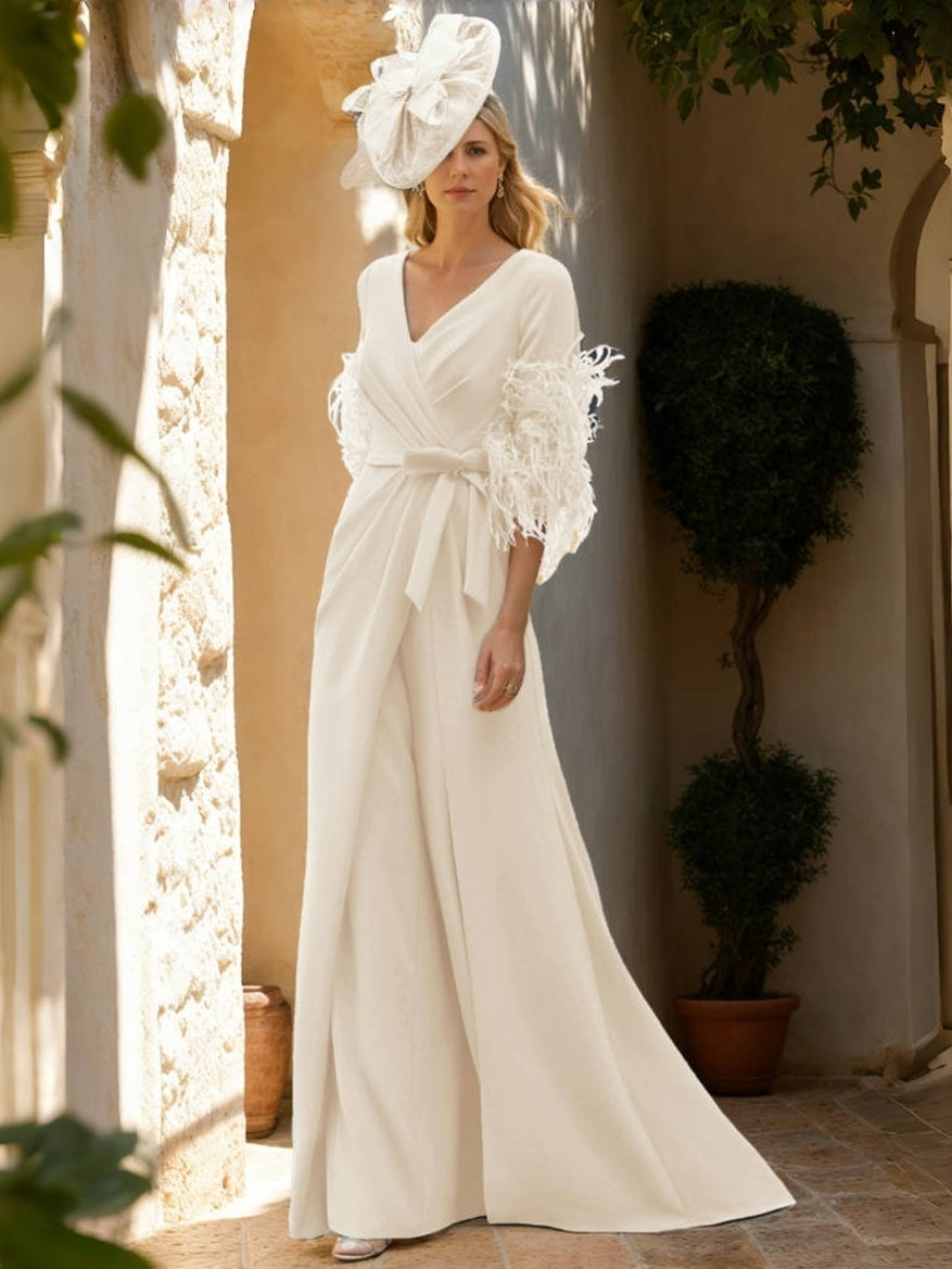 V-Neck Feathers Sleeves Ankle-Length Mother Of The Bride Pantsuits with Bowknot