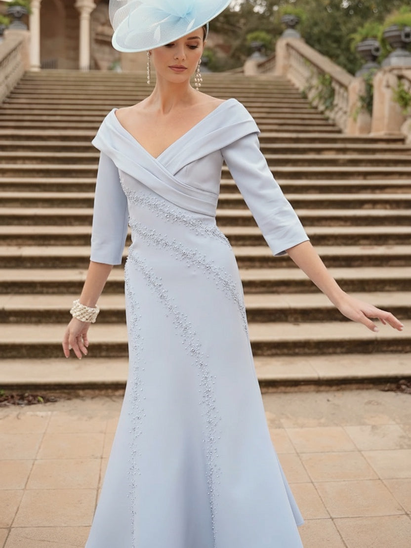 A-Line/Princess V-Neck 3/4 Sleeves Tea-Length Elegant Mother of the Bride Dresses with Rhinestone