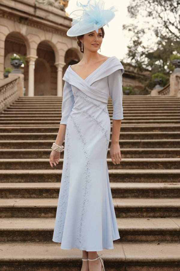 A-Line/Princess V-Neck 3/4 Sleeves Tea-Length Elegant Mother of the Bride Dresses with Rhinestone