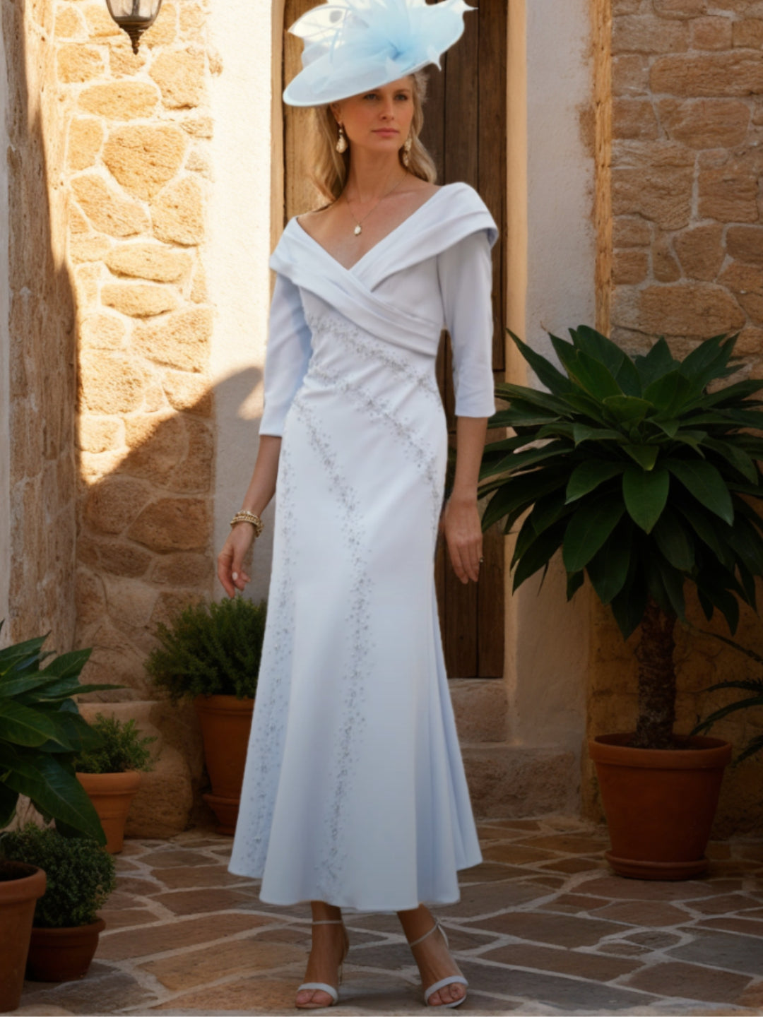 A-Line/Princess V-Neck 3/4 Sleeves Tea-Length Elegant Mother of the Bride Dresses with Rhinestone