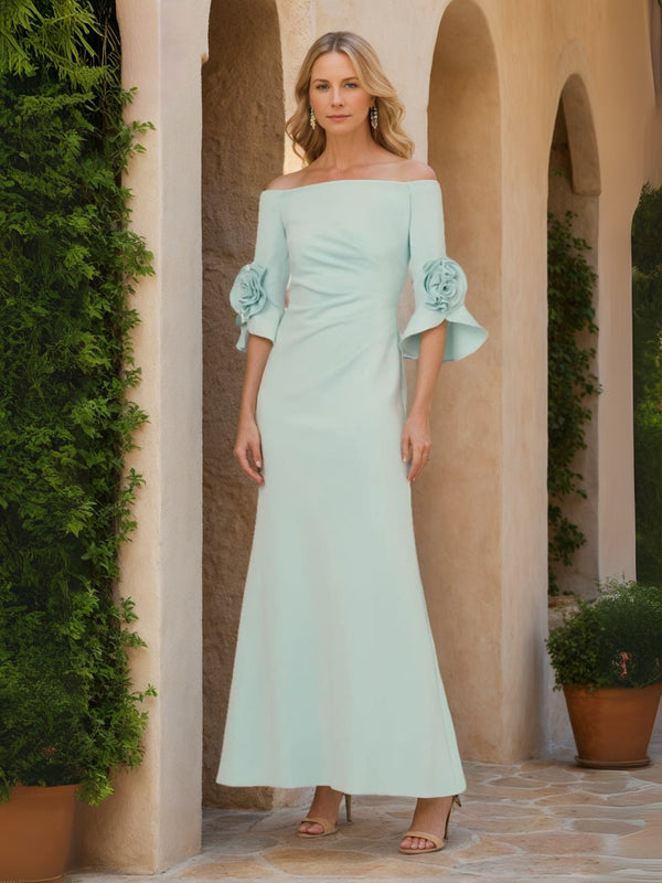 A-Line/Princess Off the shoulder Half Sleeves Ankle-Length Wedding Guest Dresses with 3D Flower