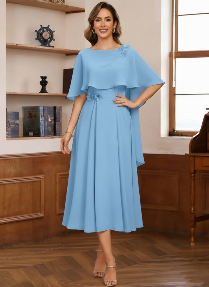A-Line/Princess Cowl Neck Chiffon Mother of the Bride Dresses Tea-Length Pleated Cape Sleeves Beading