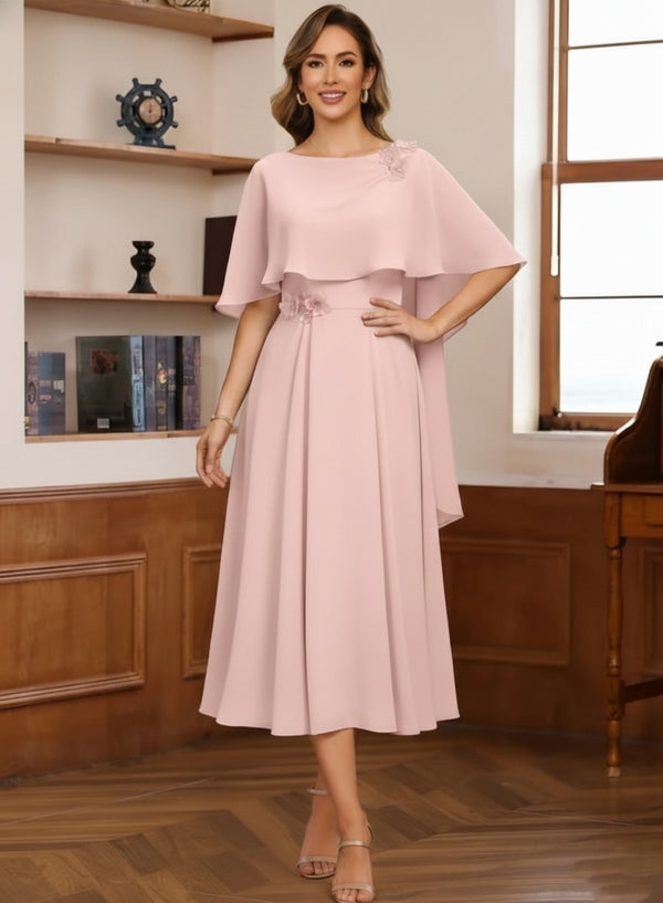 A-Line/Princess Cowl Neck Chiffon Mother of the Bride Dresses Tea-Length Pleated Cape Sleeves Beading